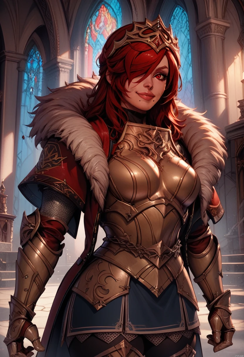 score_9,score_8_up,score_7_up,
hildexl,red hair,lips,hair over one eye,red eyes,mole under mouth,
armor,gauntlets,fur trim,breastplate,thighhighs,red coat,head crown,looking at viewer,light smile,
standing,
European castle,
