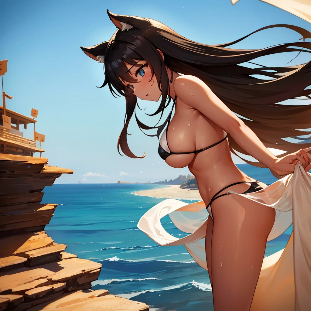 SFW、sexy、Erotic、Under the scorching sun、A sunny girl is heading to the legendary desert dungeon。She is wearing a swimsuit、Her shiny hair fluttering in the wind、Her hair and skin were shining with water droplets and sweat.、The sweat turns into steam and escapes from the body.。The setting is a desert country that stretches to the horizon、Seawater is not visible、The air is completely dry and scorching hot.。The girl was heading towards the sand dunes in the distance.、There&#39;s a legendary dungeon up ahead.。The overall style is a realistic anime that harmonizes the beauty of the sand and the girl.、Characterized by rich and intricate detail。This image is、Realistic Lighting、Accurate proportions、Focus on precise texture、Crafted down to the smallest detail。--Highly detailed, --vivid colors, --dynamic pose, --sharp focus, --dramatic lighting, --realistic anatomy, --max, --rt, --high_quality, --ultra_detail, --intricate_design, --extremely_detailed, --hyper_realistic, --zenith, --sweaty skin, --sweaty skin, --swimsuit, --suimwear