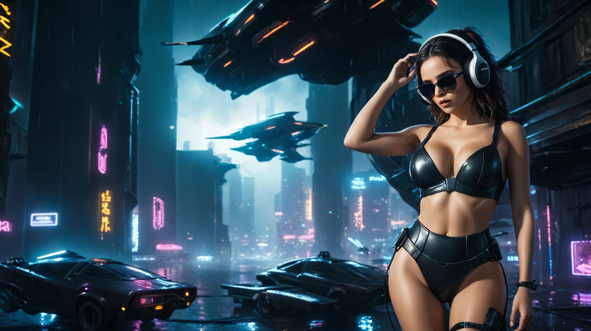 (aerial view, a flying cars docking platform, a very dark abandoned futuristic city, neon lights), rainy night. 1girl, solo, alone, large-breast:1.2 slim body, cleavage:1.1, sexy wind blowing wet dress:1.4, (headphone, black sunglasses), (((((she raised:1.8 a pistol:1.8 and took aim at viewer))))), dynamic pose, (((half-body thigh level medium shot))), cinematic lighting, lens flare, ray tracing.