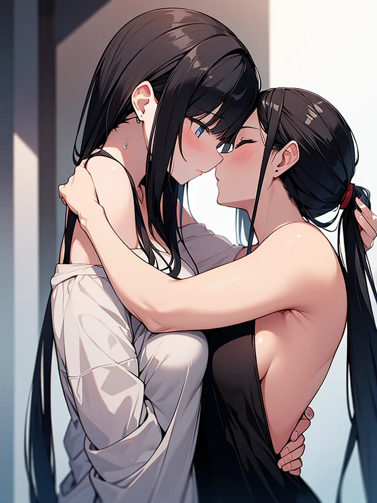 One black hair ponytail beautiful woman kissing face with big naked