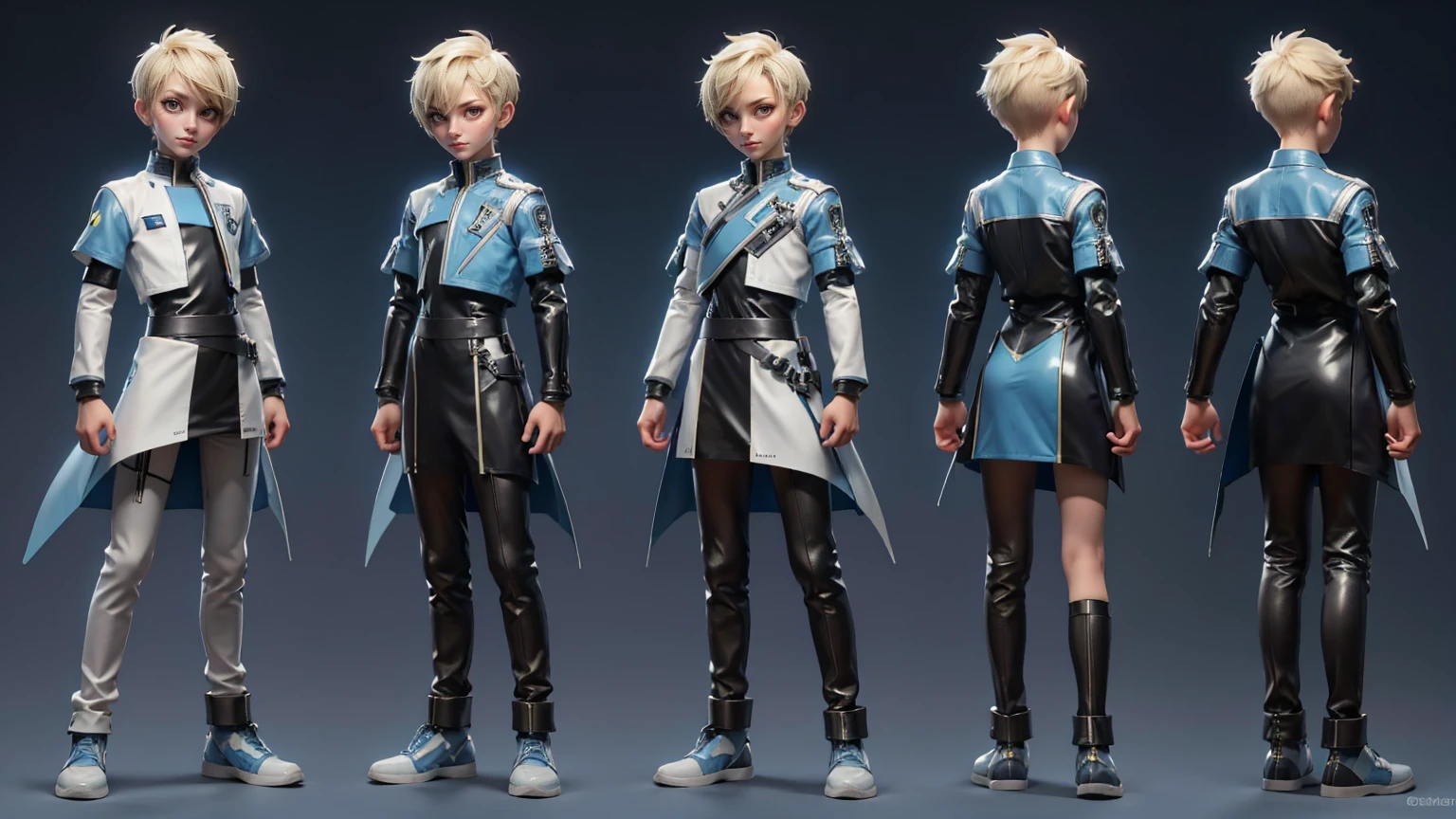 game boy, wearing a futuristic gaming dress in blue color, blond hairs, futuristic dress, gaming full straight standing pose, 14yo student, , Full body, boy, , gaming boy, Simple plain background, HD, standing, modern futuristic dress, front view, modern dresses, unique, Buzz Cut hair style, short hairs. +3 View prompt standing, 3 View Drawings, side and Front and back, Character Sheet, Full body, Simple white background, character reference sheet, Concept art, design sheet, Character Design, full body adoptable horizontal clear charcter style sheet boys