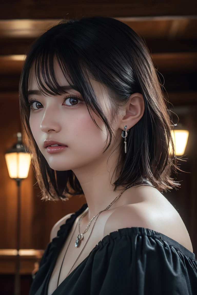 (Highest quality:1.4),(masterpiece:1.4),(Realistic:1.4),(Realistic:1.2),(超High resolution, RAW Photos:1.4),(High resolution, Very detailed:1.2),(8k:1.2),profile,Cinematography,One Girl,skeletally correct,Black-haired woman,(Small earrings,necklace,neat dress,),(Inside the Western-style building,Dimly lit room,The lamplight shines on my cheeks)