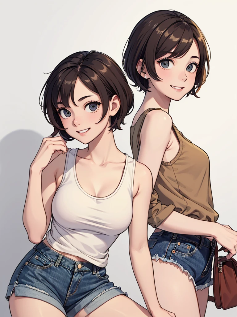 (((masterpiece, best quality, ultra highres, 1 girl, solo, no background))), super detailed skin and face and eyes and finger, beautiful japanese woman, small breasts:1.5, skinny, light brown hair, white background, very short pixie hair, Knee shot, Generate with illustrations, Various expressions, Various poses, Please draw the entire character within the frame, ensuring that the head, arms, and legs are not cut off. The background should be simple, with the character positioned centrally, outline, anime, 2d, boyish, smile showing teeth, tank top, denim shorts,