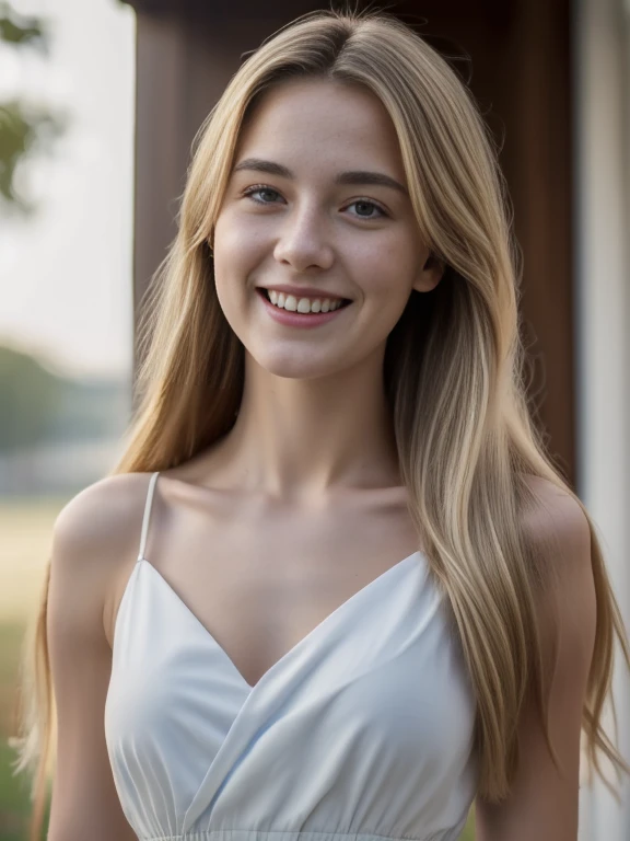 ((Best Quality, 8K, Masterpiece: 1.3)), 1 Girl nordic, (full body), Slim Abs Beauty: 1.3, (Casual Long blonde Hairstyle, Medium Breasts), (slim body), Cream Blue Summer Dress, Smile , detailed realistic skin, perfect body, ((half body view)), sharp focus