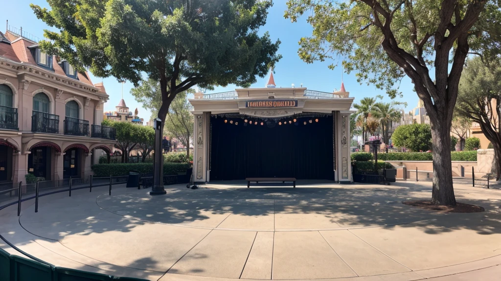 An empty outdoor stage at Disneyland during the day