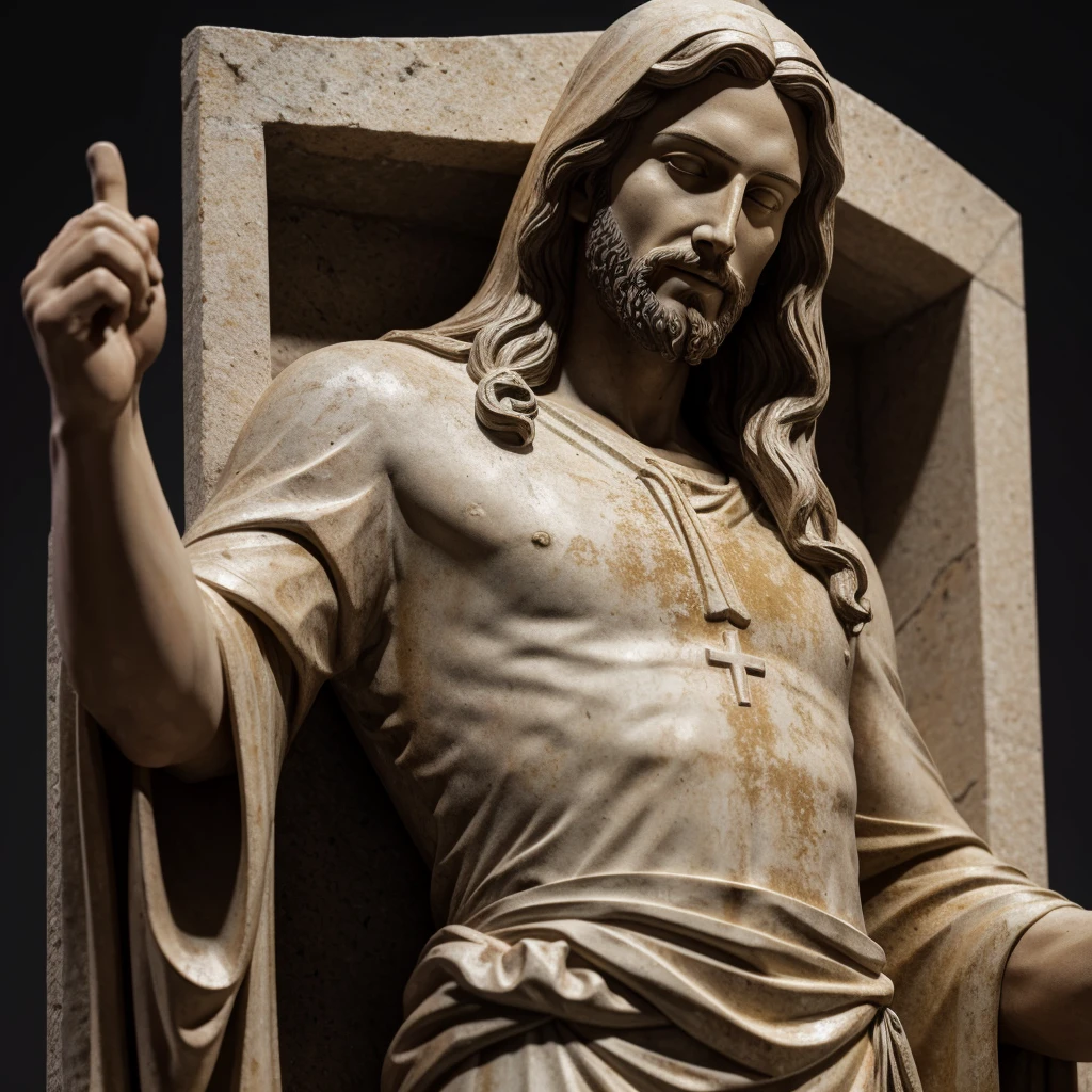 best quality, Jesus Christ statue made of stone, grau, Black background 000000