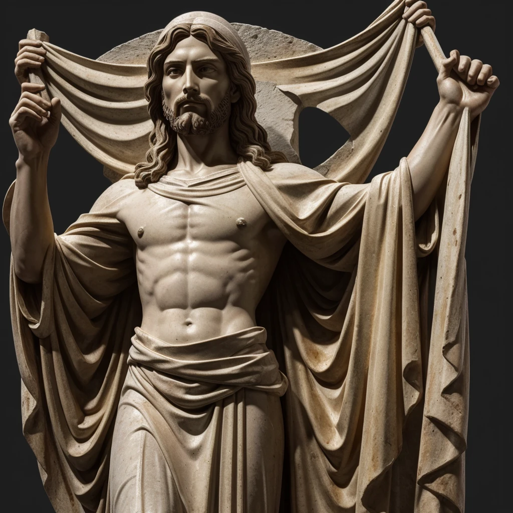 best quality, Jesus Christ statue made of stone, grau, Black background 000000