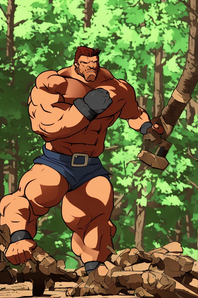 a strong burly man smashing a tree with his fist