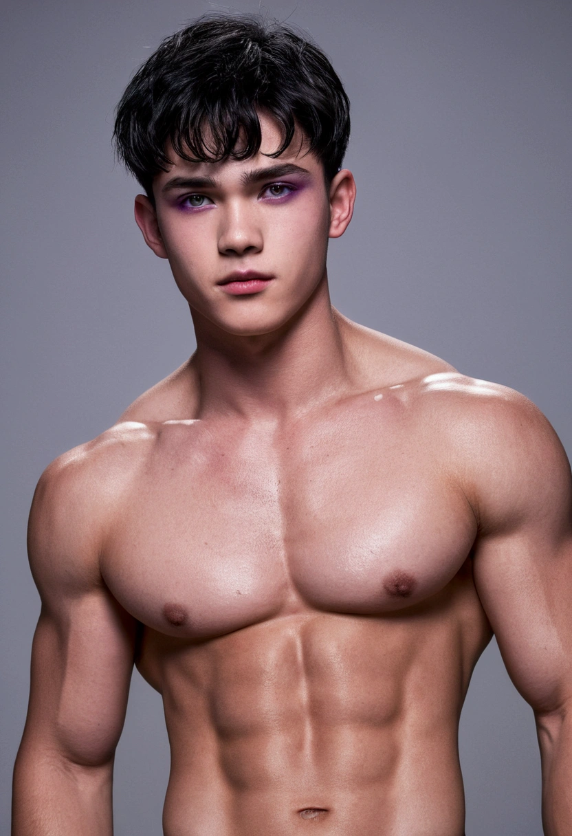 Best quality, High picture quality,A high resolution,1 teenager,((solo person)),Handsome（purple pupils）,Short black hair, chiseled abs, wolf ear, chiseled pecs, sweating