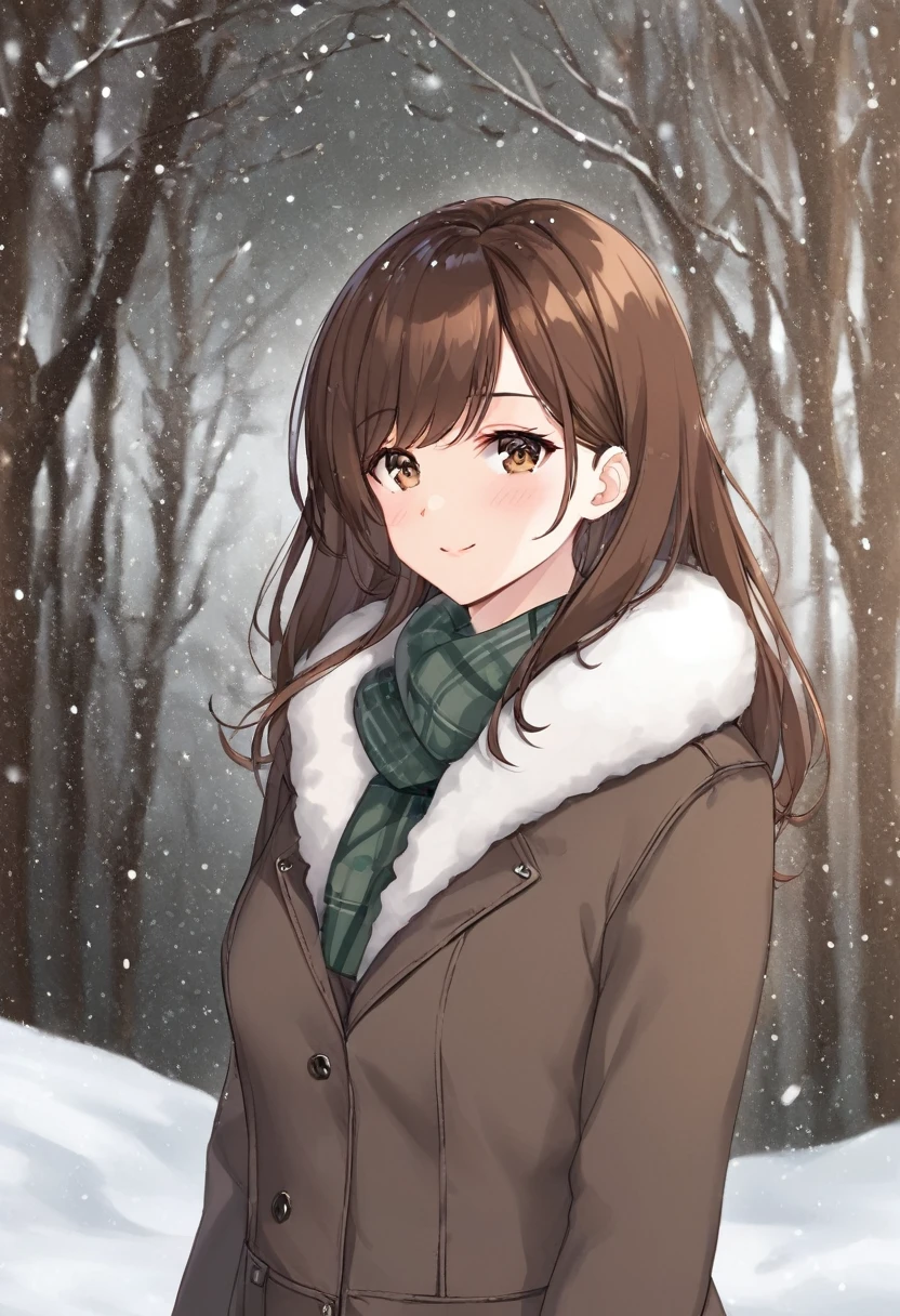 Woman with dark brown hair.Hazel eyes.She wears a winter dress.