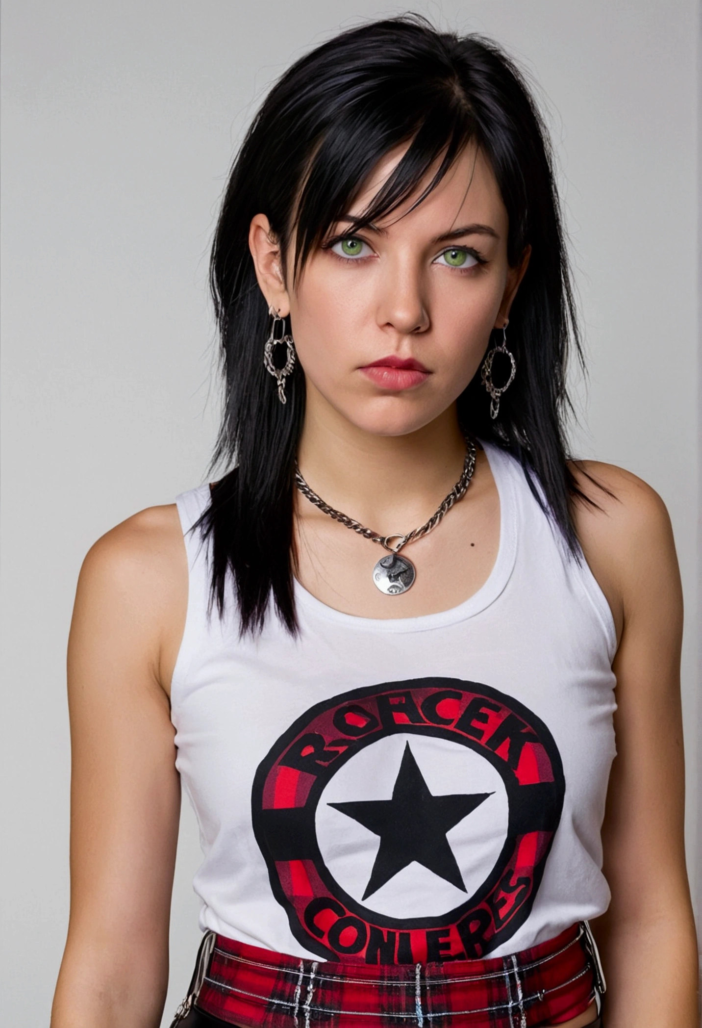 30 year old young woman, black hair with violet highlights straight short to the neck, wears a white tank top with a rock logo, wears a red plaid miniskirt and tight leather pants underneath . Wear white and black converse sneakers. Small chains hang from the skirt belt. He wears piercings on his lower lip and two earrings in one ear.. green eyes.
