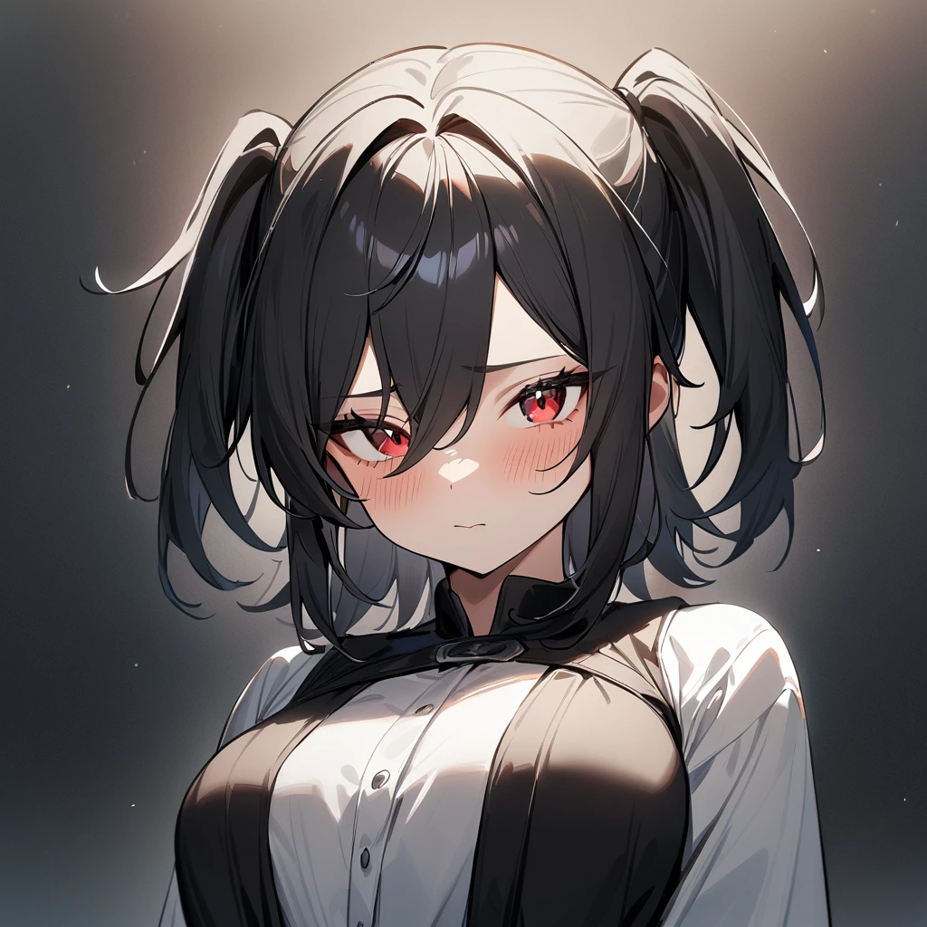 1 girl,Androgynous,two side up,big breast,black hair,red eyes,medium hair,sidelocks,upper body,masterpiece, best quality, very aesthetic, absurdres 