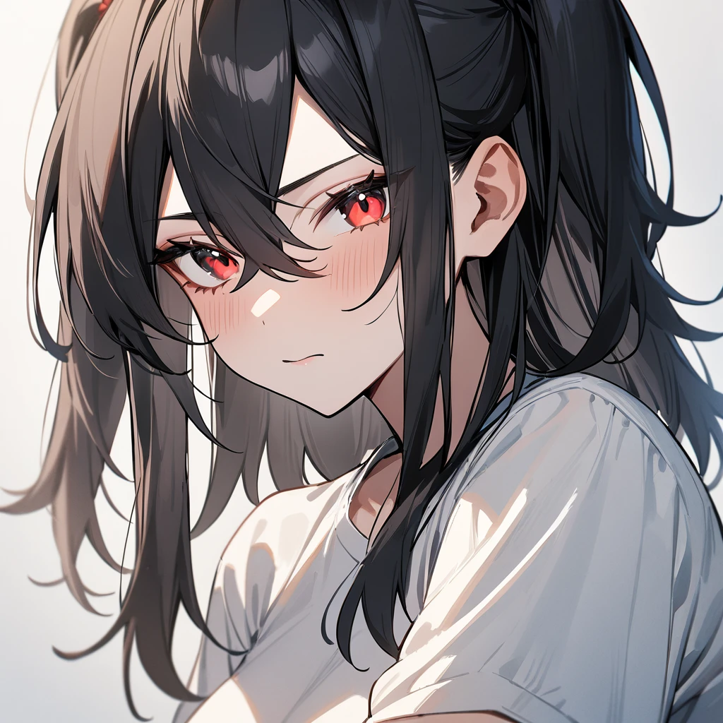 1 girl,Androgynous,two side up,big breast,black hair,red eyes,medium hair,sidelocks,upper body,masterpiece, best quality, very aesthetic, absurdres