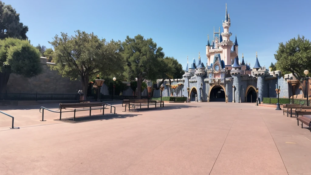 A photo of the front of an empty Disneyland outdoor stage during the day