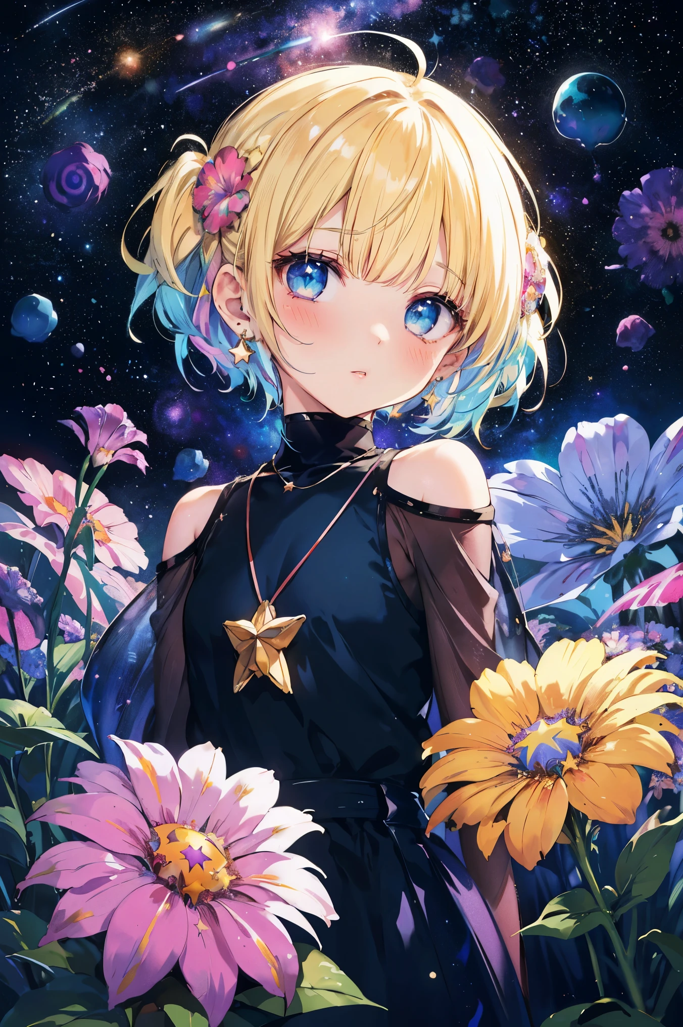 Melody Mark,Highest quality、Tabletop、1 Female、solo、(Abstract art:1.4),(Psychedelic Theme:1.6),(Gunjo World:1.5),(Lots of creatures:1.5),(Space World:1.5),(At the center of the world is the most beautiful woman in the world),(Many stars are falling:1.5),A ray of light spreads,Crystals spreading from the center,Prisma(Nostalgic scenery:1.5),(Colorful flowers:1.5),Garden Girl,Absurd, Ultra-detailed,Bright colors, Very beautiful and detailed anime faces and eyes,short hair,Asymmetrical bangs, Blonde hair in short pigtails, Shiny Hair, Delicate and beautiful face, blush、blue eyes, White skin, Barrette, Earrings, necklace,