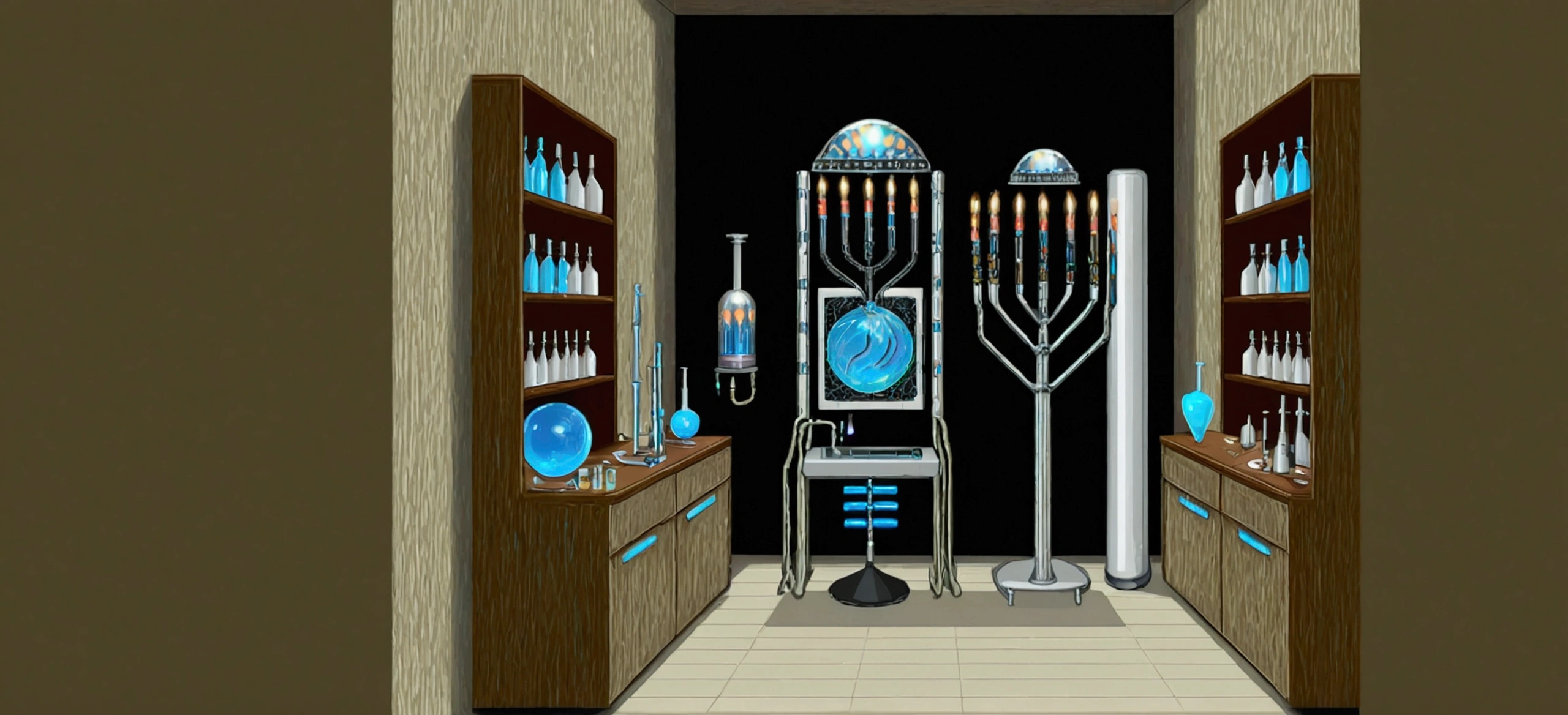 Close-up of a room with many bottles and candlesticks, Pixel art inspired by Luigi Kasimir, tumbler, Pixel art, Futuristic Chemistry Laboratory, Mysterious Laboratory, Futuristic Laboratory, SF Room, Magical Laboratory Setting, fantasy alchemist laboratory, Futuristic Science Laboratory, Alien Room Background, Kutira's Laboratory!, Cloning Facility of the Future, Magic Lab Background