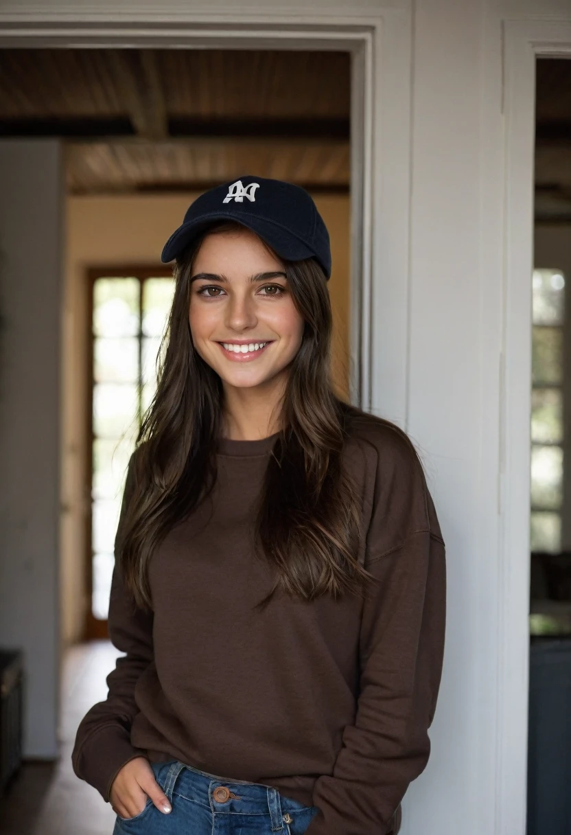20 year old French girl,standing sweatshirt with jeans and cap brunette, very dark brown eyes, almost black, smiling , Brown straight hair, photos in a lit house