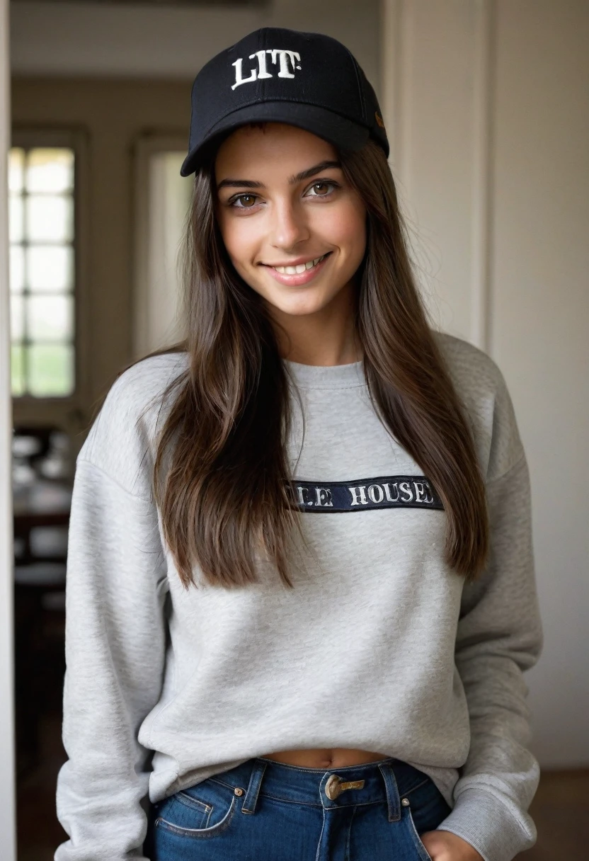 20 year old French girl,standing sweatshirt with jeans and cap brunette, very dark brown eyes, almost black, smiling , Brown straight hair, photos in a lit house