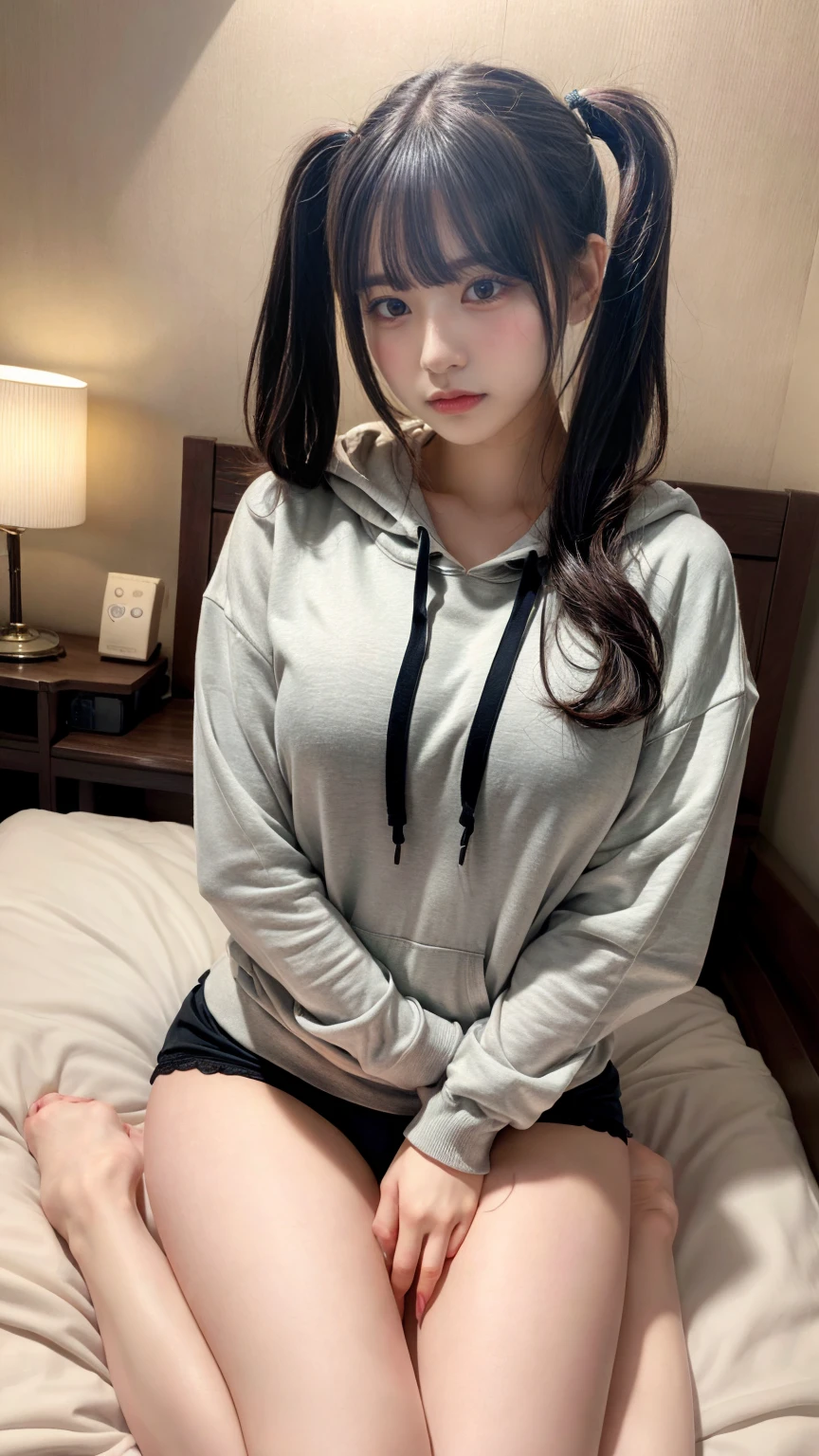 masterpiece, best quality, illustration, Super detailed, fine details, High resolution, 8K,wall paper, perfect dynamic composition,(Details High quality, realistic depiction of eyes:1.3), Oversized Light Grey Hoodie, Erotic Shorts, twintail、Lying down, black hair color, Big Natural Color Lip, bold sexy pose, (perfect body shape), crying a little、cold gaze, Harajuku style、20 year old girl、cute type、ta、beautiful legs, hotel room, hposing Gravure Idol, Voluptuous thighs