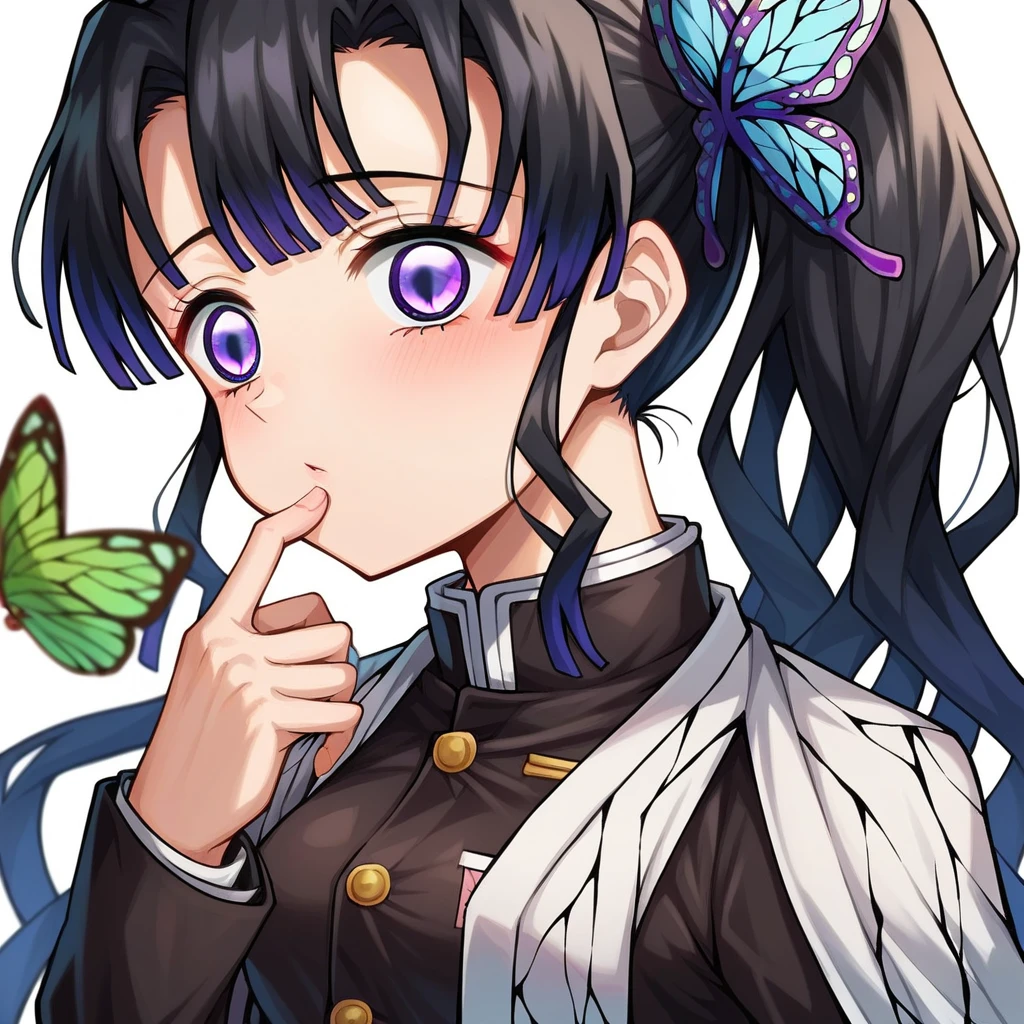 score_9, score_8_Excellent, score_7_Excellent, anime,Pubic hair Armpit hair Massive pubic hair (Demon Slayer / Kimetsu No Yaiba Kanao {{Kanao Tsuyuri}} (Demon Slayer) | Kanao Tsuyuri (Demon slayer) face, ((upper body)),((masterpiece)), ((small breasts:1.5)),((skinny)),
KanaoDef,looking at viewer,
(purple eyes:1.3), black hair, long hair, blunt bangs, bangs, hair ornament, bug, butterfly, (side ponytail:1.5), butterfly hair ornament,
skirt, long sleeves, jacket, (black jacket:1.5), pleated skirt, belt, (black skirt:1.5), knee, buckle, sheathed, belt buckle, White Belt, cape, (white cape:1.3), demon slayer uniform, Kimetsu no Yaiba,
Kanao Tsuyuri, black hair, butterfly, butterfly hair ornament,hand on chin,