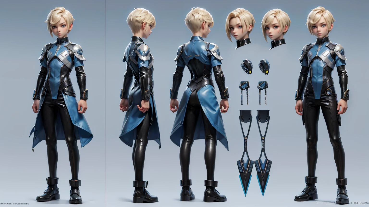 game boy, wearing a futuristic gaming dress in blue color, blond hairs, futuristic dress, gaming full straight standing pose, 14yo student, , Full body, boy, , gaming boy, Simple plain background, HD, standing, modern futuristic dress, front view, modern dresses, unique, Buzz Cut hair style, short hairs. +3 View prompt standing, 3 View Drawings, side and Front and back, Character Sheet, Full body, Simple white background, character reference sheet, Concept art, design sheet, Character Design, full body adoptable horizontal clear character style sheet boys