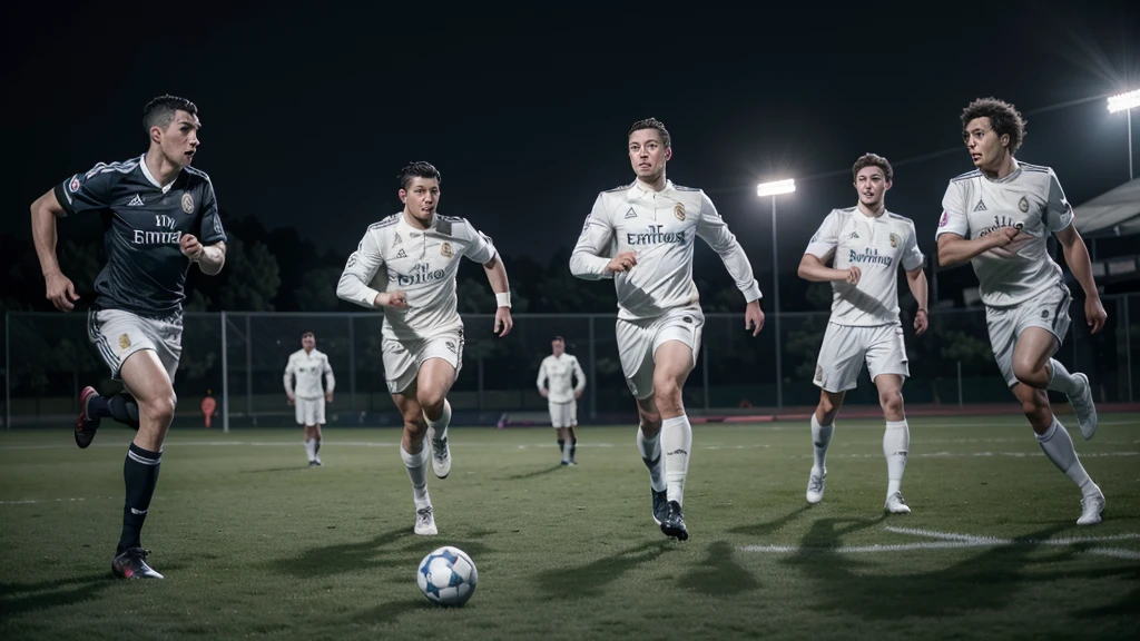 Cristiano Ronaldo from Santos Aveiro, Elon Reeve Musk, Albert Einstein playing football together and everyone wearing the Real Madrid uniform. Photorealistic, 8k, HDR 