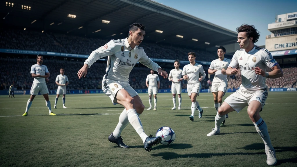 Cristiano Ronaldo from Santos Aveiro, Elon Reeve Musk, Albert Einstein playing football together and everyone wearing the Real Madrid uniform. Photorealistic, 8k, HDR