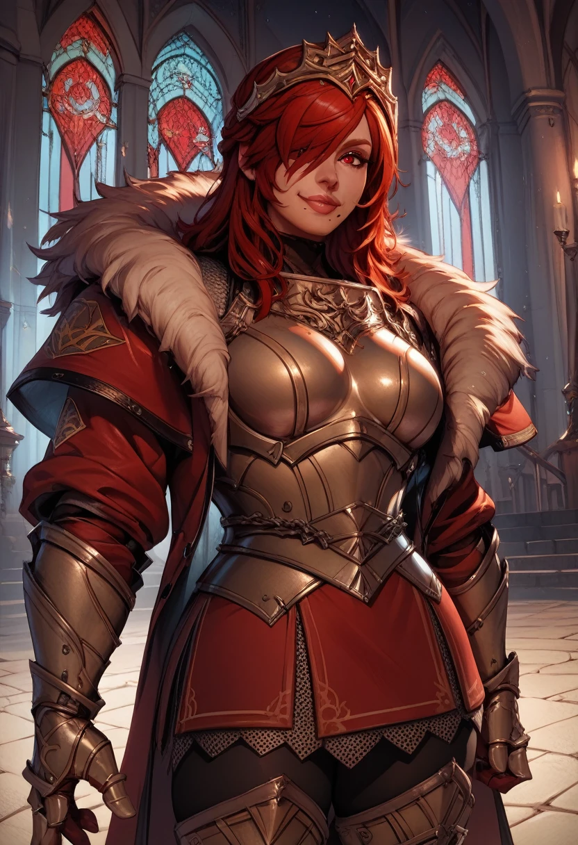 score_9,score_8_up,score_7_up,
hildexl,red hair,lips,hair over one eye,red eyes,mole under mouth,
armor,gauntlets,fur trim,breastplate,thighhighs,red coat,head crown,looking at viewer,light smile,
standing,
European castle,
