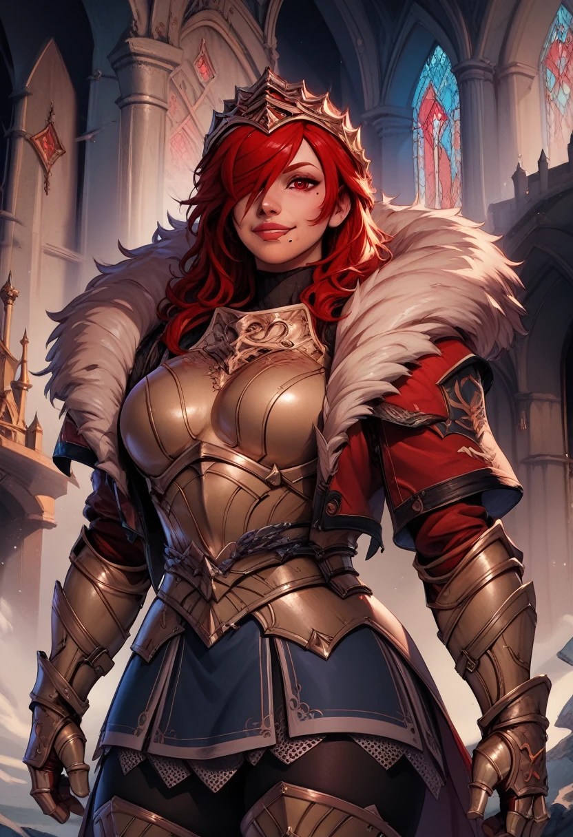 score_9,score_8_up,score_7_up,
hildexl,red hair,lips,hair over one eye,red eyes,mole under mouth,
armor,gauntlets,fur trim,breastplate,thighhighs,red coat,head crown,looking at viewer,light smile,
standing,
European castle,
