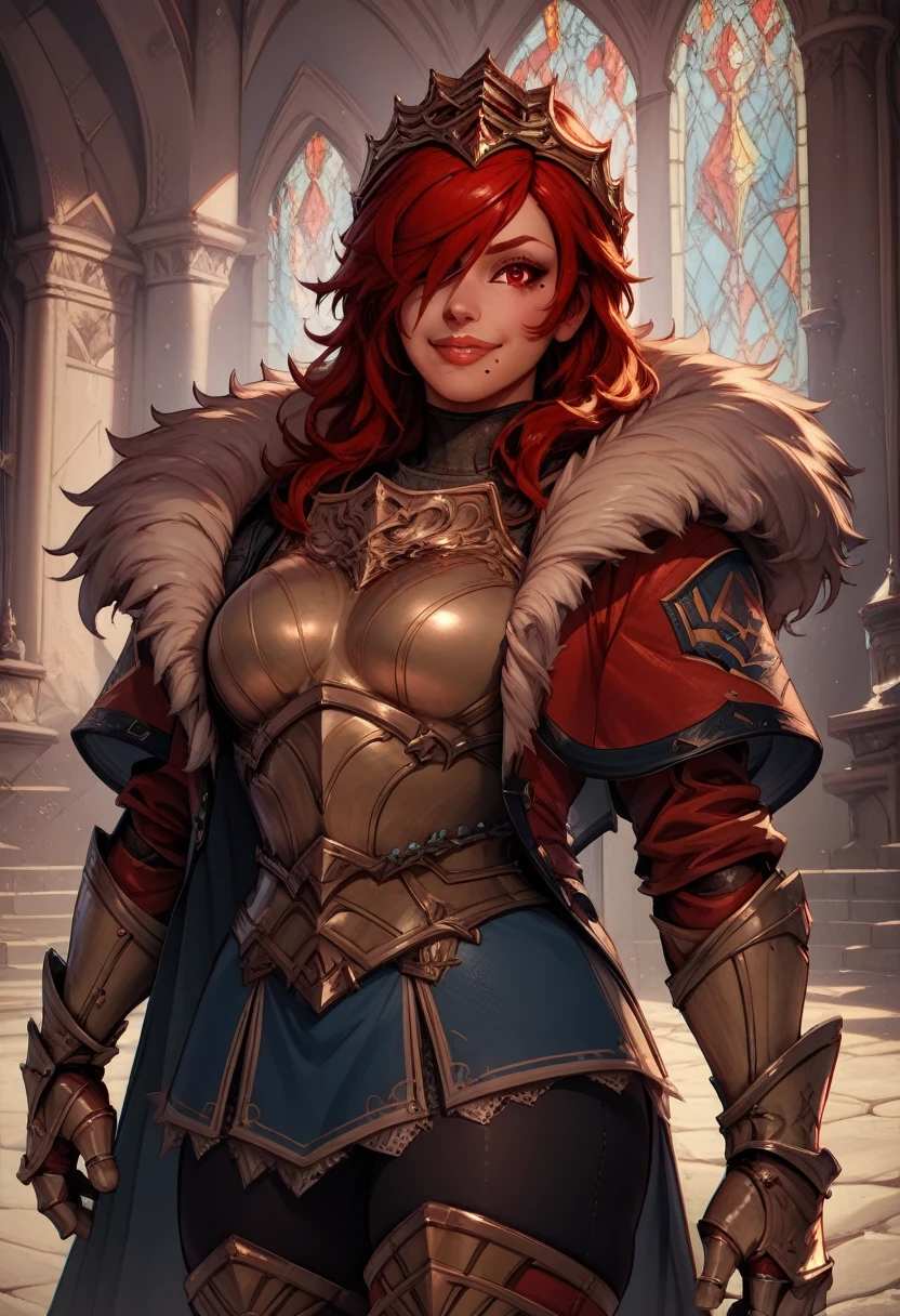 score_9,score_8_up,score_7_up,
hildexl,red hair,lips,hair over one eye,red eyes,mole under mouth,
armor,gauntlets,fur trim,breastplate,thighhighs,red coat,head crown,looking at viewer,light smile,
standing,
European castle,
