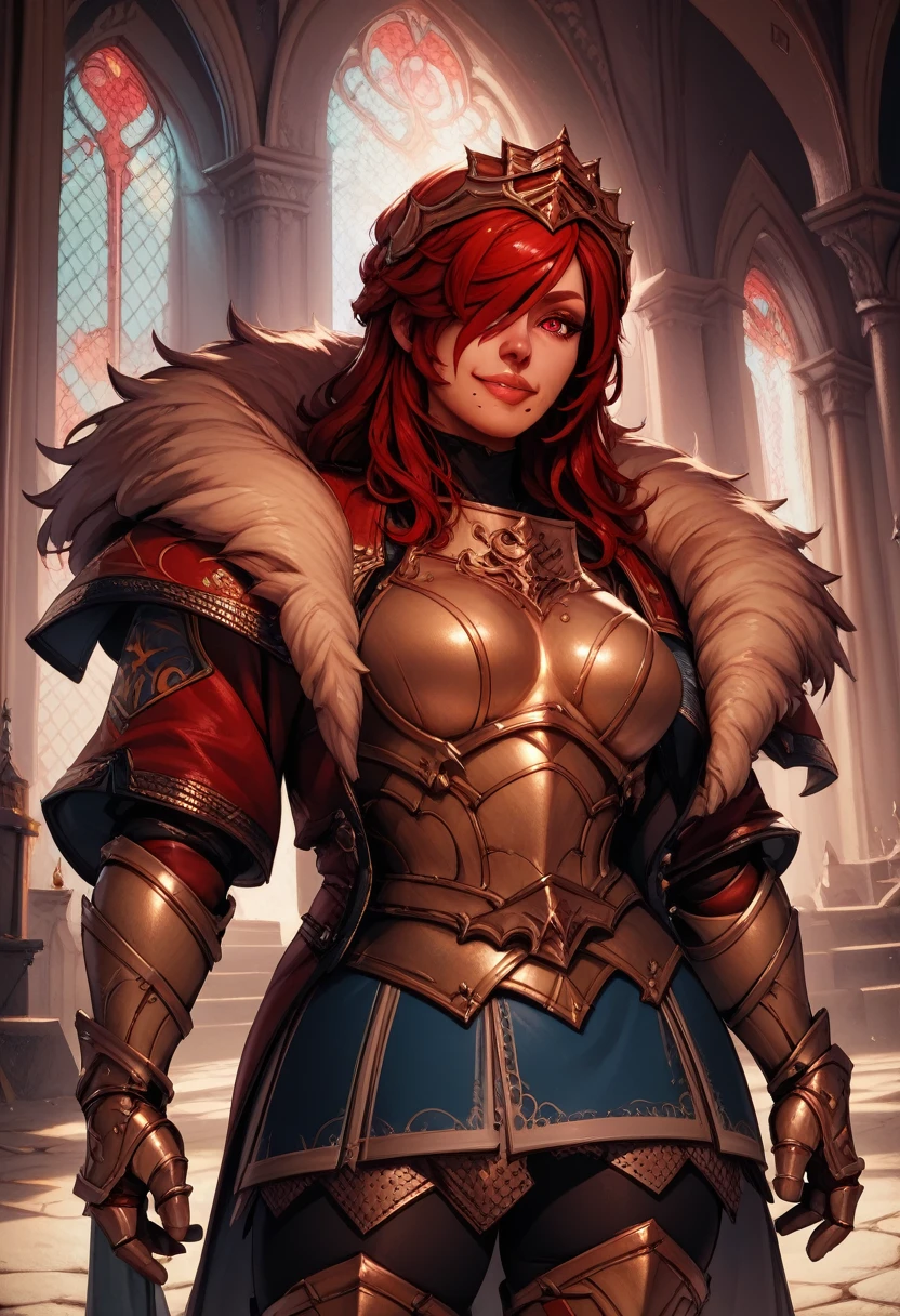 score_9,score_8_up,score_7_up,
hildexl,red hair,lips,hair over one eye,red eyes,mole under mouth,
armor,gauntlets,fur trim,breastplate,thighhighs,red coat,head crown,looking at viewer,light smile,
standing,
European castle,
