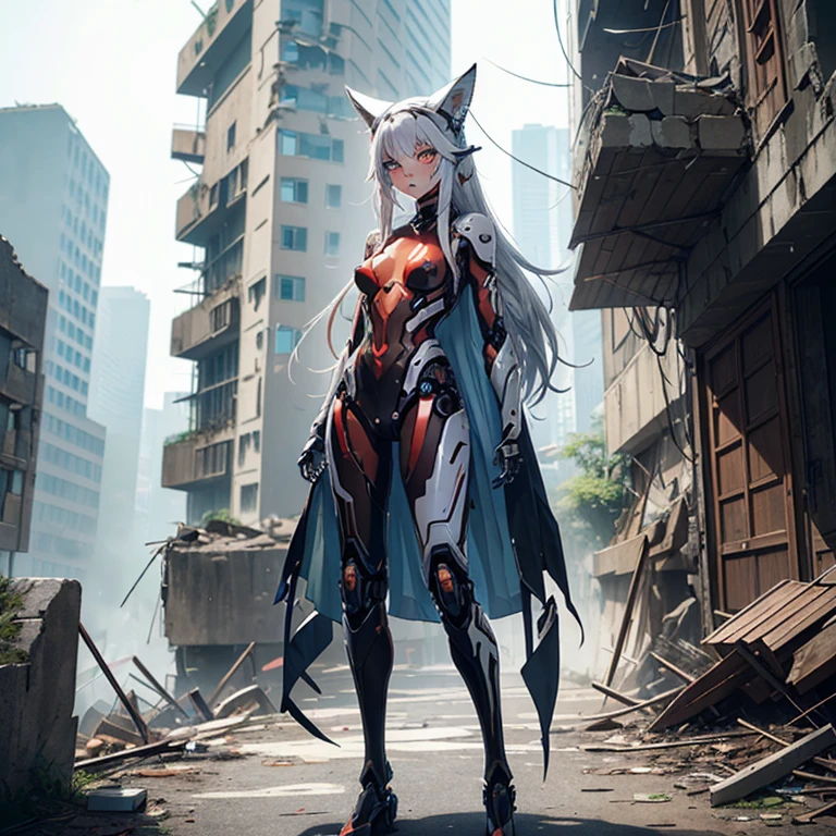 (Fox Girl, Fox Ears, Silver Hair, Fox Makeup, One Girl, Long Hair, Alone on the screen, dark skin:1.6), (mecha musume, Machinery Parts,Robot Joints, White and red clothes, Full body mechanical suit:1.8), (Body measurements are 75-60-75!, Young girl body, Small breasts, Proudly, Standing posture, slender, muscle:1.9), Avatar, face, lewd face, Dominant representation, naughty face, Uplifting, Skin Texture, outside, ruins, Ruined City, Broken Building, There are no people