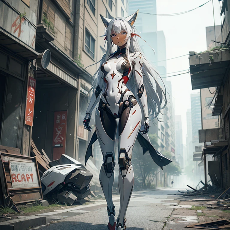 (Fox Girl, Fox Ears, Silver Hair, Fox Makeup, One Girl, Long Hair, Alone on the screen, dark skin:1.6), (mecha musume, Machinery Parts,Robot Joints, White and red clothes, Full body mechanical suit:1.8), (Body measurements are 75-60-75!, Young girl body, Small breasts, Proudly, Standing posture, slender, muscle:1.9), Avatar, face, lewd face, Dominant representation, naughty face, Uplifting, Skin Texture, outside, ruins, Ruined City, Broken Building, There are no people