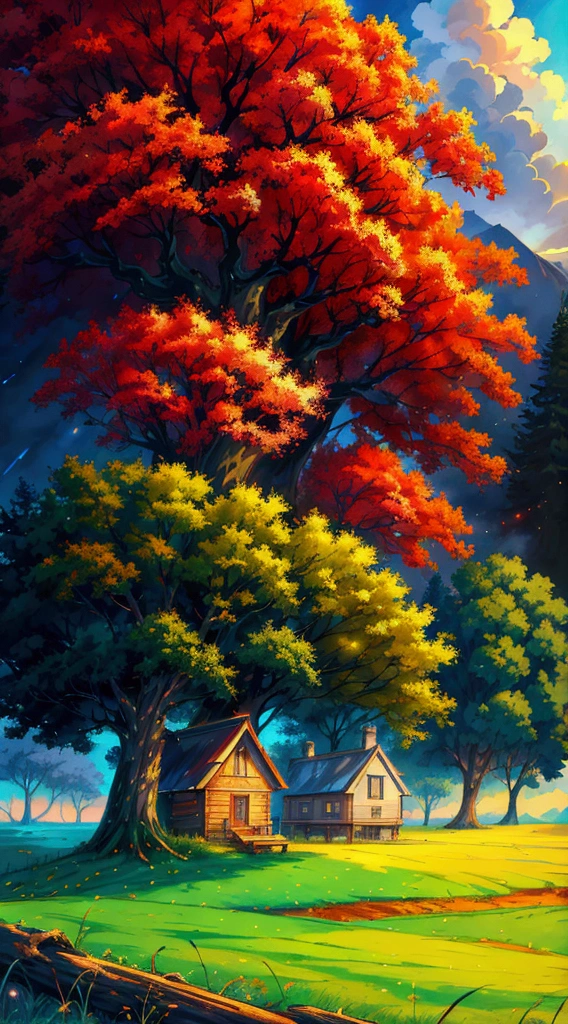 (masterpiece), a painting of a cabin under a tree in a field, makoto shinkai cyril rolando, anime art wallpaper 4k, anime background, anime art wallpaper 8 k, anime background art, anime landscape wallpaper, anime countryside landscape, 4k highly detailed digital art 