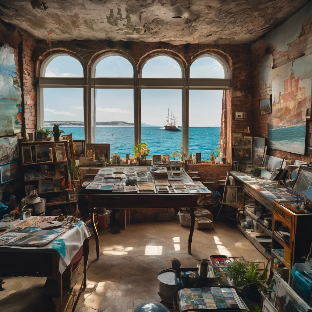 A cinematic photograph of an artist's studio, split between land and sea. The land side features exposed brick walls adorned with an eclectic mix of paintings, posters, and other works of art. A large window overlooks the sea, with a ship slowly drifting towards the camera, its sails billowing in the wind. The seawater-filled half of the studio is filled with marine life, including fish and coral, creating a surreal underwater atmosphere. The overall tone of the image is dreamy and inspiring, capturing the essence of creativity and imagination., poster, cinematic, photo