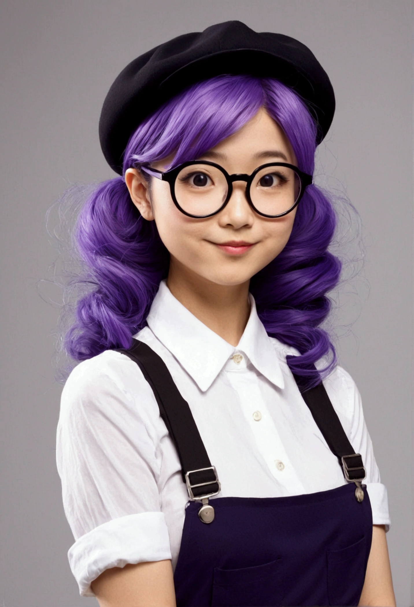 Please draw Arale-chan as a 20-year-old. Arale-chan has grown taller and has more mature, adult-like features, but she still retains her iconic large round glasses and playful expression. Her hair is long and purple, styled in a modern way, and her body has become more feminine. Her overall appearance is that of an adult woman. She is wearing stylish clothing suitable for an adult, incorporating elements of her original suspenders and cap.