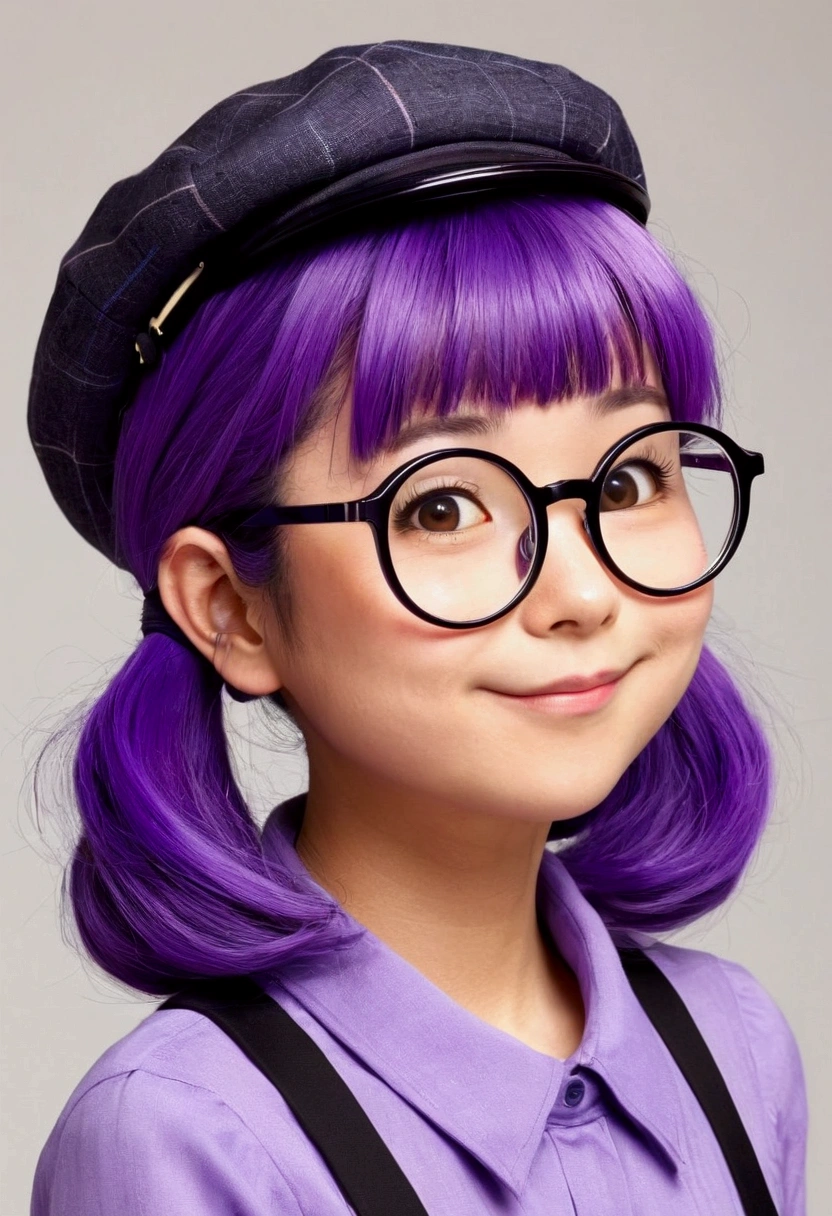 Please draw Arale-chan as a 20-year-old. Arale-chan has grown taller and has more mature, adult-like features, but she still retains her iconic large round glasses and playful expression. Her hair is long and purple, styled in a modern way, and her body has become more feminine. Her overall appearance is that of an adult woman. She is wearing stylish clothing suitable for an adult, incorporating elements of her original suspenders and cap.