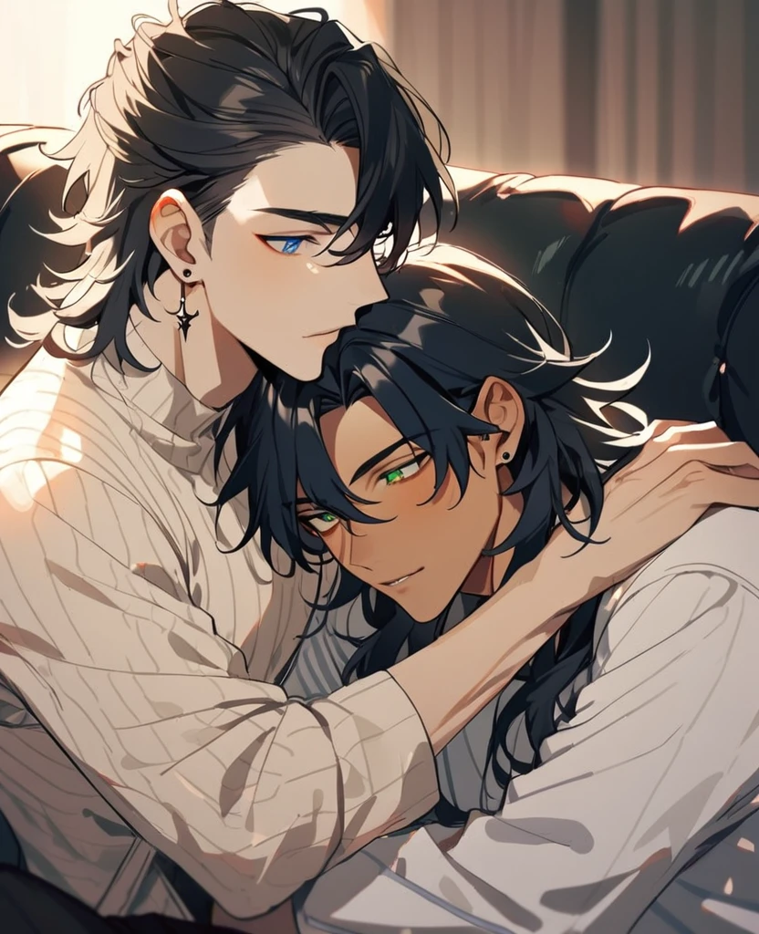 (2 guys, gay couple) (Male,5'4,pierced ears,light skin,blue eyes, white long hair half up half down) and (Male,5'8,light skin,green eyes,messy black hair) cuddling on a sofa 