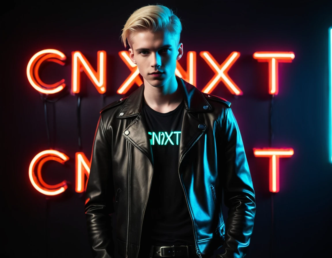 Photorealistic, dark vibes, solo, young man, 22 years, pale skin, model (skinny:1.3), (short straight blond hair:1.5), (black leather jacket:1.3), dark lighting, foreboding, sexy, (neon letters spell CNXT:1.9), night club setting, BDSM background