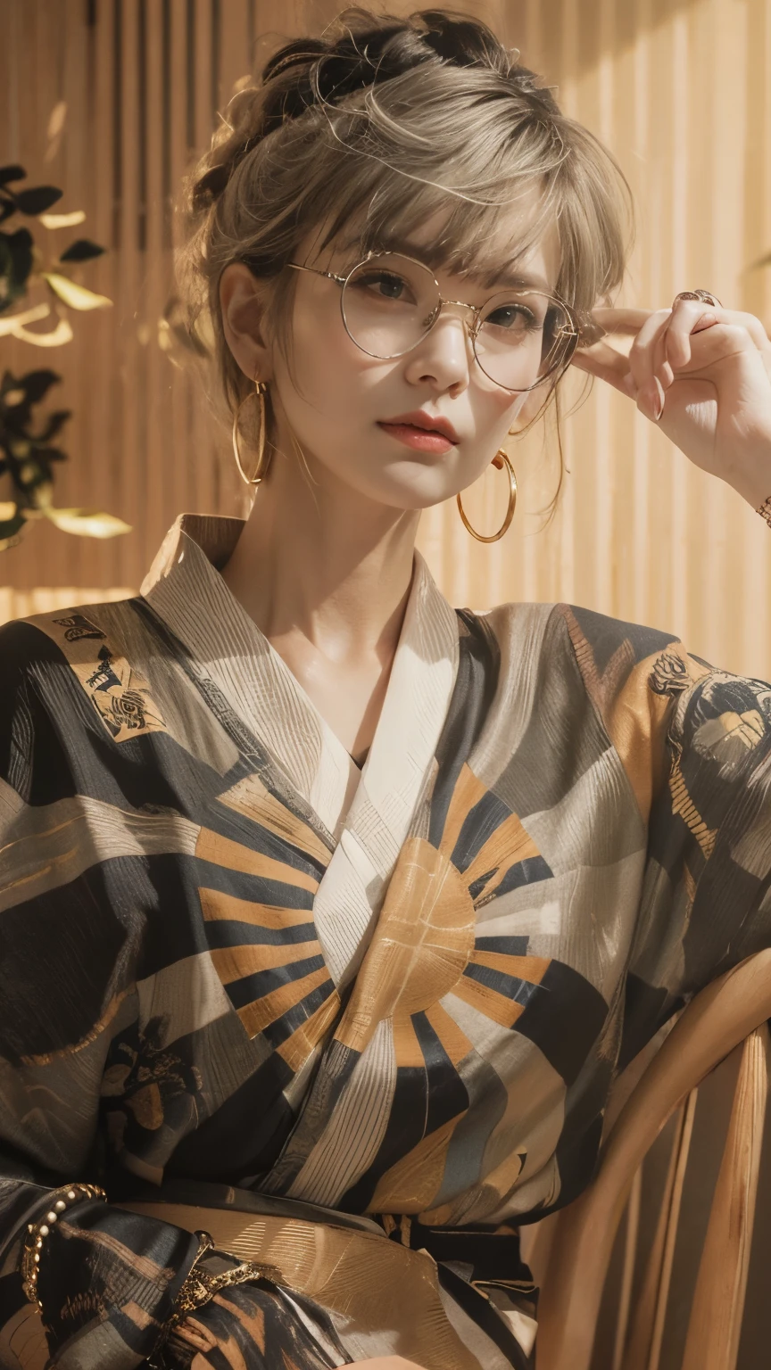 Create a detailed digital painting of a stylish woman with short, tousled gray hair and wearing round glasses. She is dressed in a modern kimono featuring a bold design with a rising sun motif and intricate patterns, including a fierce tiger and Japanese characters. Her outfit is complemented by various accessories, such as large hoop earrings, a gold watch, and bracelets. She has visible tattoos on her arms, adding to her edgy and contemporary look. The setting is a well-lit room with a minimalist decor, featuring a potted plant and a wall with Japanese calligraphy artwork. Capture her confident and sophisticated demeanor as she casually adjusts her glasses while seated on a wooden chair.