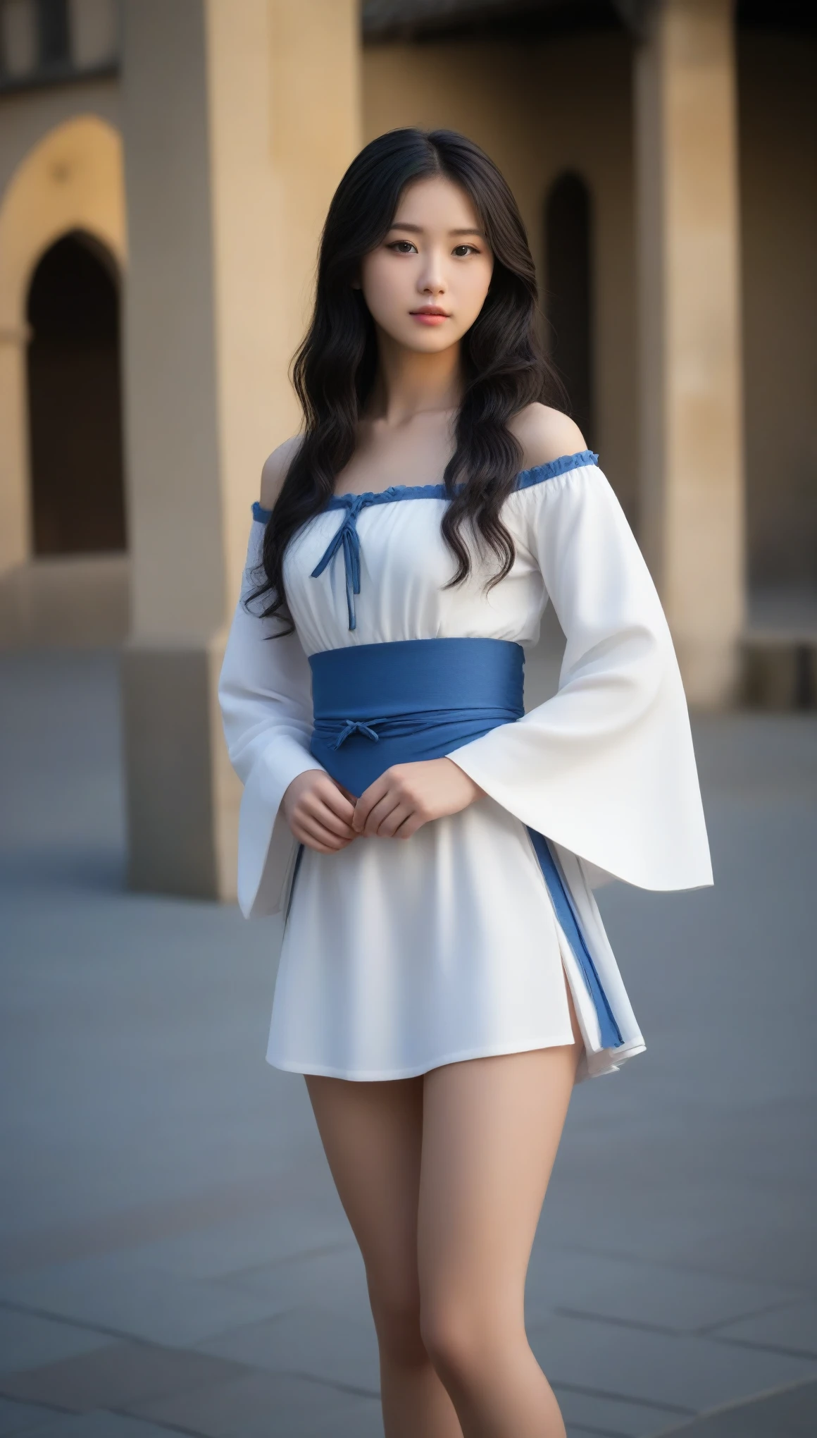 8k, Ultra-high resolution, Highest quality, masterpiece, 三分割法によるphotograph,Surreal, photograph, 1 Girl, (16 years old:1.3), pretty girl, Cute Face, Beautiful eyes in every detail, 細かくdetailedに,masterpiece,One Girl:1.2, Japan Female Announcer,full body,disgust,Long black hair,Loose curly hair,(Dressed in medieval European clothing:1.3),(印象派の美しい少女のPortraiture), (Standing in a medieval European square:1.3), (After the Rain), (Sunset reflection), (Impressionist light and colour),Beautiful leg line beauty,Realistic Skin, Perfect and beautiful face ,完璧でCute Face, Skin with attention to detail, Perfect limbs、Narrow waist、Thin legs),Looking at the audience、beauty,Long neck、(((Ideal body type))),A cup small breasts :2,Portraiture:2,Perfect Anatomy,鮮明なdetailed,detailed,Surreal,Light and shadow,darkness