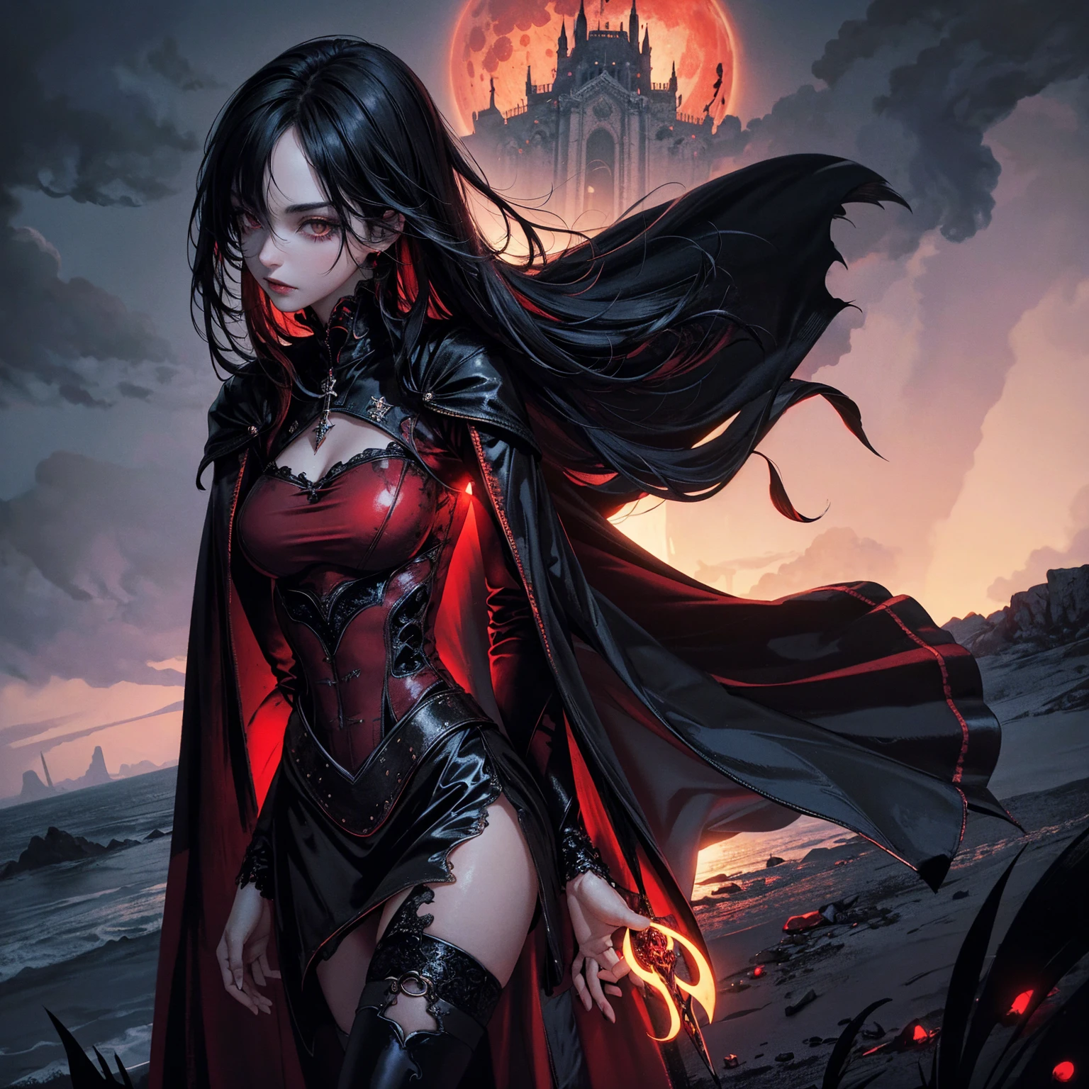 best quality, 4k, high resolution, masterpiece:1.2, Very detailed, actual:1.37, Mood lighting, Girl in a long cape, Wearing a reflective latex skirt that shows a little skin above the chest, Dangerous sneer, Black Hair, Facing directly to the camera, Crucified, Pitch black sky, Blood-red moon, strange atmosphere, Gothic style, Unforgettable beauty, Dramatic shadows, Ethereal Light, Mysterious atmosphere.