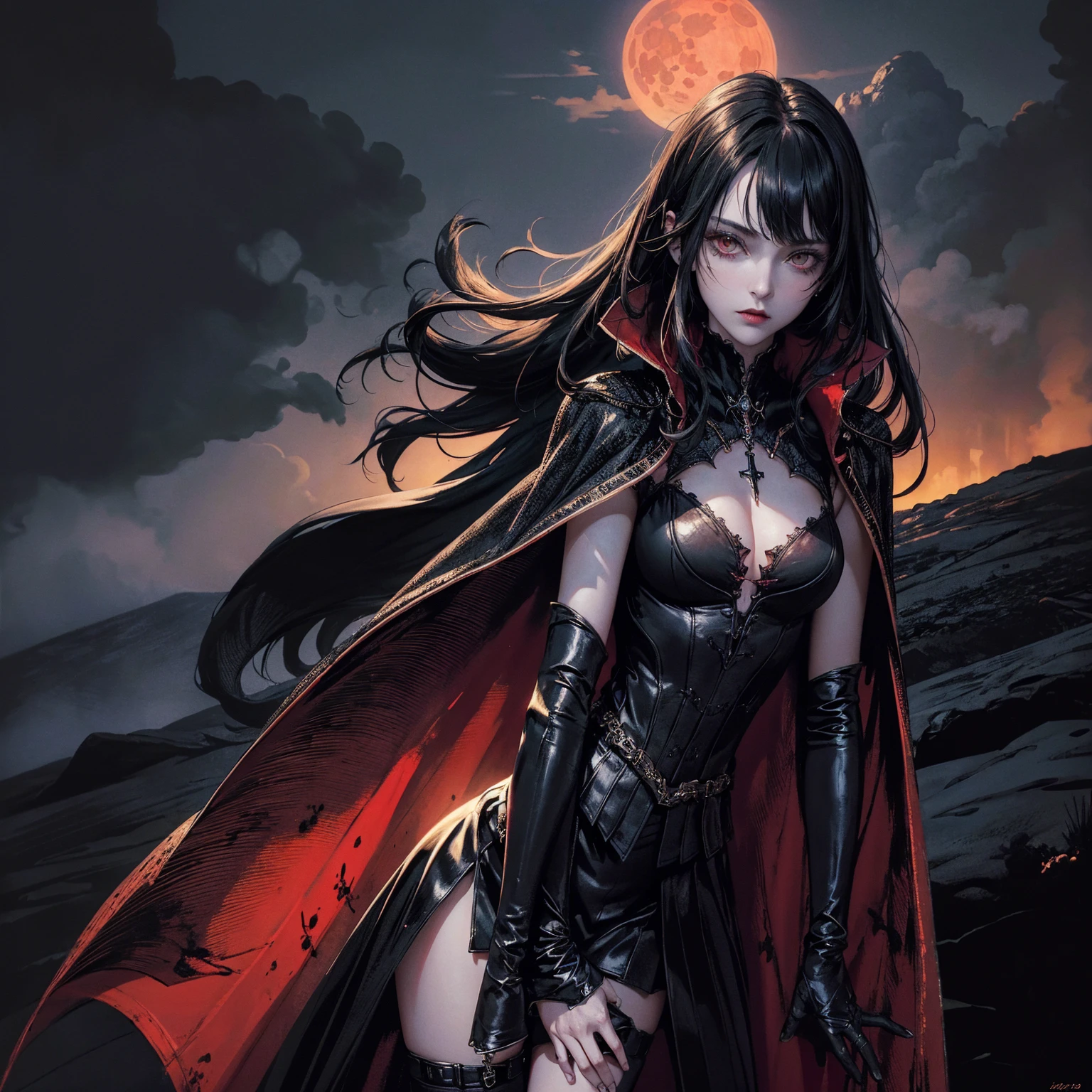 best quality, 4k, high resolution, masterpiece:1.2, Very detailed, actual:1.37, Mood lighting, Girl in a long cape, Wearing a reflective latex skirt that shows a little skin above the chest, Dangerous sneer, Black Hair, Facing directly to the camera, Crucified, Pitch black sky, Blood-red moon, strange atmosphere, Gothic style, Unforgettable beauty, Dramatic shadows, Ethereal Light, Mysterious atmosphere.