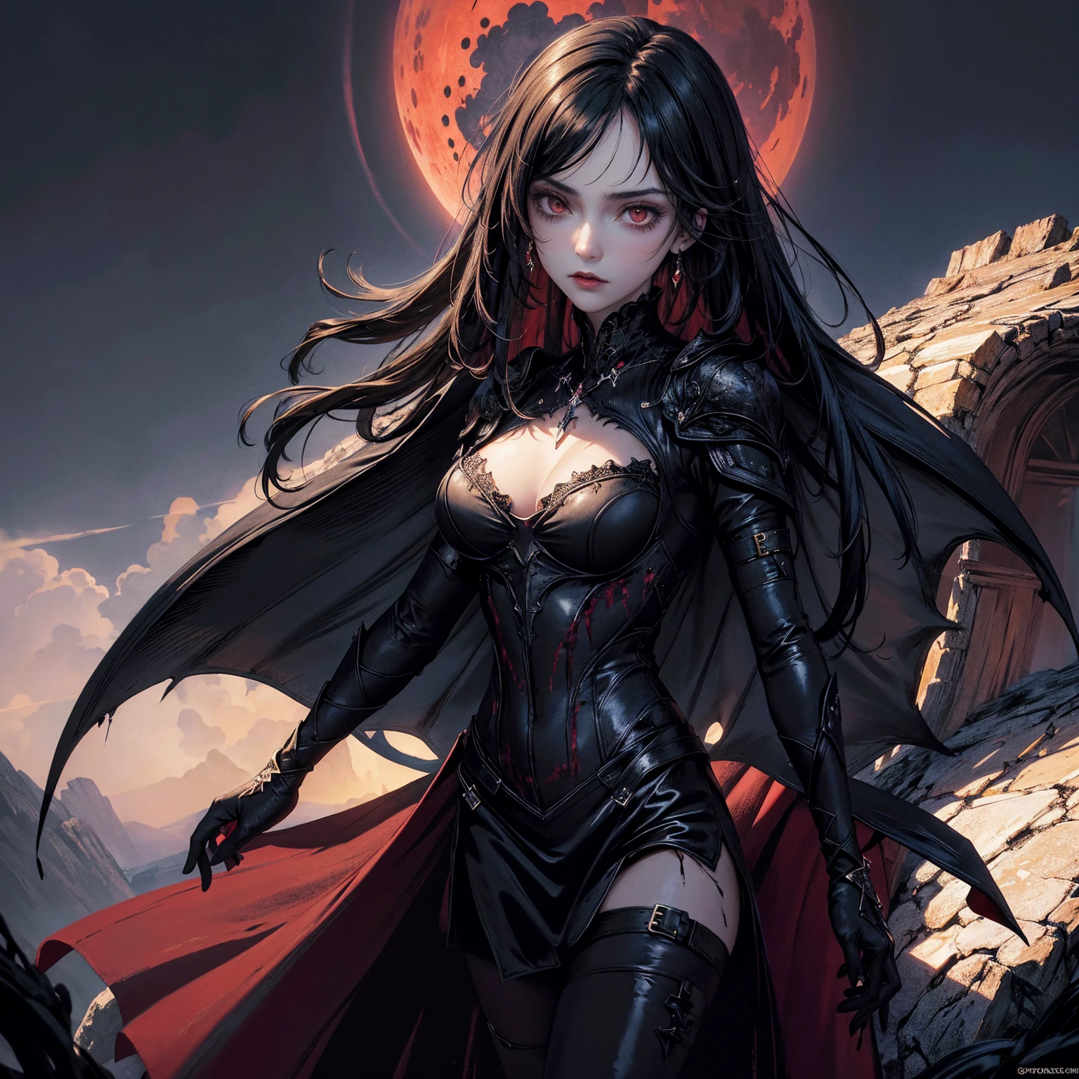 best quality, 4k, high resolution, masterpiece:1.2, Very detailed, actual:1.37, Mood lighting, Girl in a long cape, Wearing a reflective latex skirt that shows a little skin above the chest, Dangerous sneer, Black Hair, Facing directly to the camera, Crucified, Pitch black sky, Blood-red moon, strange atmosphere, Gothic style, Unforgettable beauty, Dramatic shadows, Ethereal Light, Mysterious atmosphere.