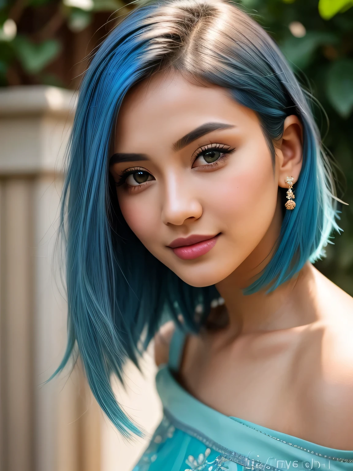 (blue hair:1.4), short hair, realistic green eyes, cobalt hair, long bob hair, tousled hair, shoulder length hair, Full body, woman with white skin and Asian features, 24 year old, big breast. She has a small, elegant nose with a slight upward curve at the tip. Her lips are full and naturally pink, with a well-defined Cupid's bow. Her teeth are straight and white, enhancing her captivating smile. Her face has an oval shape with high cheekbones that add to her model-like appearance. (crack), detailed (texture!, shine, color!!, flaws: 1.1), highly detailed glowing eyes, (looking at camera), specular light, dslr, extreme quality, crystal clear, cute face, detailed skin pores, oil Dark skin, brown, complex eye details, she is far from the camera, A full-body portrait, captured from a distance. Dynamic Frame, 8K, RAW, Best quality, high resolution, woman standing on the market, beautiful design, wearing a beautiful tight baju kurung, beautiful clothes, very beautiful style, floral patterned dress, beautiful masterpiece, beautiful dress, wearing a graceful dress, very beautiful masterpiece, fine details, beautiful dress, full dress closed, very beautiful and graceful, very detailed, big breasts,big round buttocks, from behind, (looking at the audience, looking back, facial details, double eyelids, smiling), (short hair:1.2), short hair, (short hair:1.3)