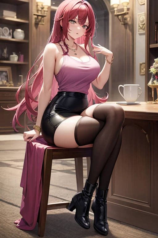 ((masterpiece, best quality, ultra-detailed)), beautiful woman, pink tank top, bracelet, necklace, black midi pencil skirt, leather boots, full body, long purple hair