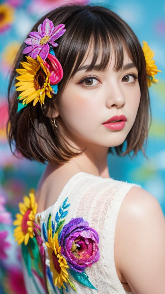 (8K, RAW photo:1.2),1 girl,(short hair:1.31),(8K, RAW photo:1.2),1 girl,((masterpiece, Highest_quality)), 1 girl, (realism:1.4), colorful flower theme:1.3), random colorful hair style, (random colorful flower eccentric clothed), (colorful flower art work to background:1.6)