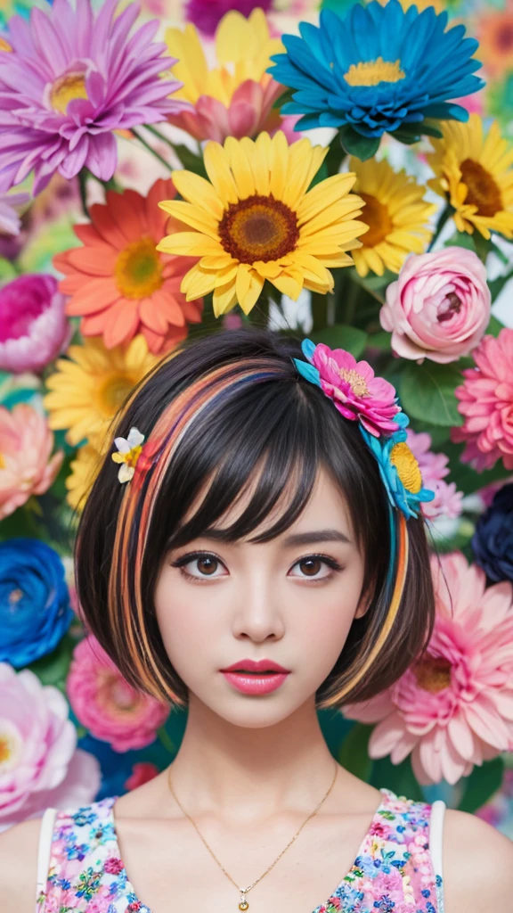 (8K, RAW photo:1.2),1 girl,(short hair:1.31),(8K, RAW photo:1.2),1 girl,((masterpiece, Highest_quality)), 1 girl, (realism:1.4), colorful flower theme:1.3), random colorful hair style, (random colorful flower eccentric clothed), (colorful flower art work to background:1.6)