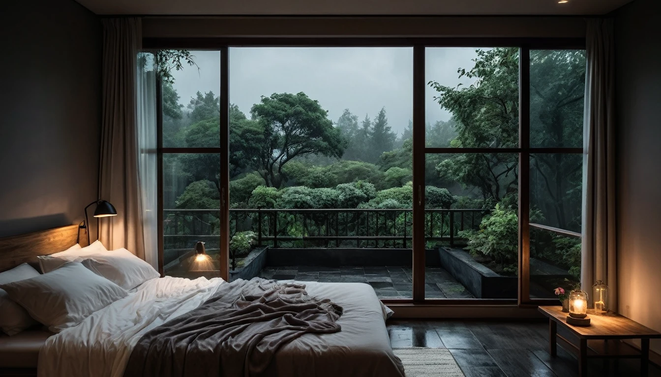 The picture shows a cozy gloomy bedroom, with a large window offering a view of a beautiful, dimly lit garden AND a garden soaked in FLOWERS, the cobblestones of the Japanese house concept. CINEMATIC, JAPANESE HOUSE, the shape of a Japanese house, and lots of flower gardens in the garden. The bed was unmade with rumpled sheets, indicating only a light sleep. the room is dark, gloomy, looks dim, gloomy. Beside the bed there is a small table with a classic lamp that radiates warm light into the room. Outside the window you can see the lush greenery of the terrace or balcony area, the rain is falling, the lamp on the left provides warm lighting, creating a calm and peaceful atmosphere. with fog obscuring part of the view in the distance. The contrast between the warmth indoors and the rain outdoors creates an inviting and calming atmosphere