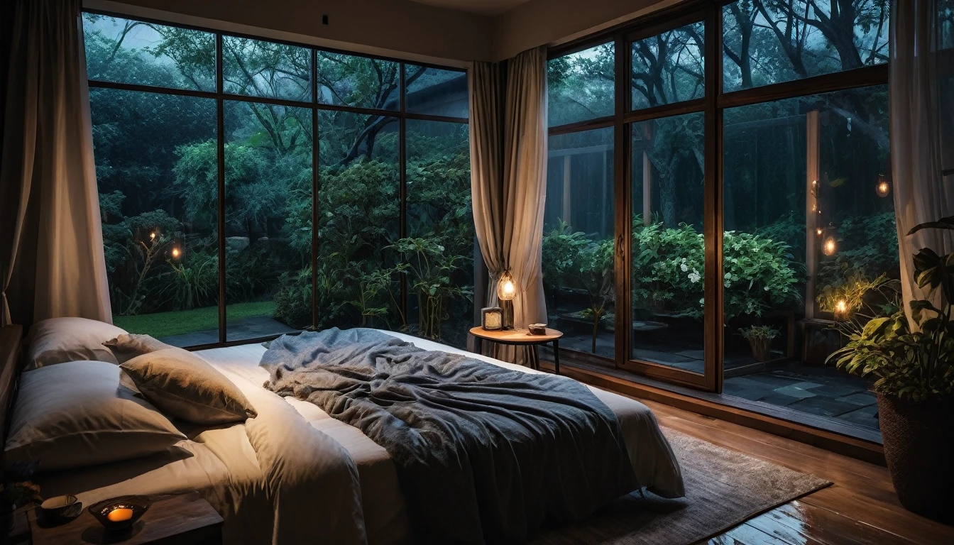 The picture shows a cozy gloomy bedroom, with a large window offering a view of a beautiful, dimly lit garden AND a garden soaked in FLOWERS, the cobblestones of the Japanese house concept. CINEMATIC, JAPANESE HOUSE, the shape of a Japanese house, and lots of flower gardens in the garden. The bed was unmade with rumpled sheets, indicating only a light sleep. the room is dark, gloomy, looks dim, gloomy. Beside the bed there is a small table with a classic lamp that radiates warm light into the room. Outside the window you can see the lush greenery of the terrace or balcony area, the rain is falling, the lamp on the left provides warm lighting, creating a calm and peaceful atmosphere. with fog obscuring part of the view in the distance. The contrast between the warmth indoors and the rain outdoors creates an inviting and calming atmosphere